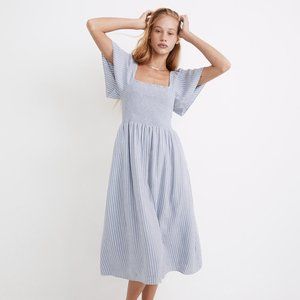 Madewell Linen-Blend Lucie Smocked Midi Dress in Stripe/Light Blue